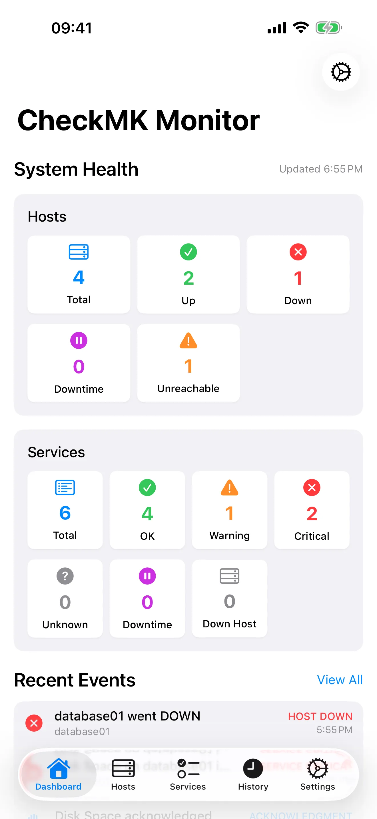 CheckWatch app dashboard showing host and service monitoring status