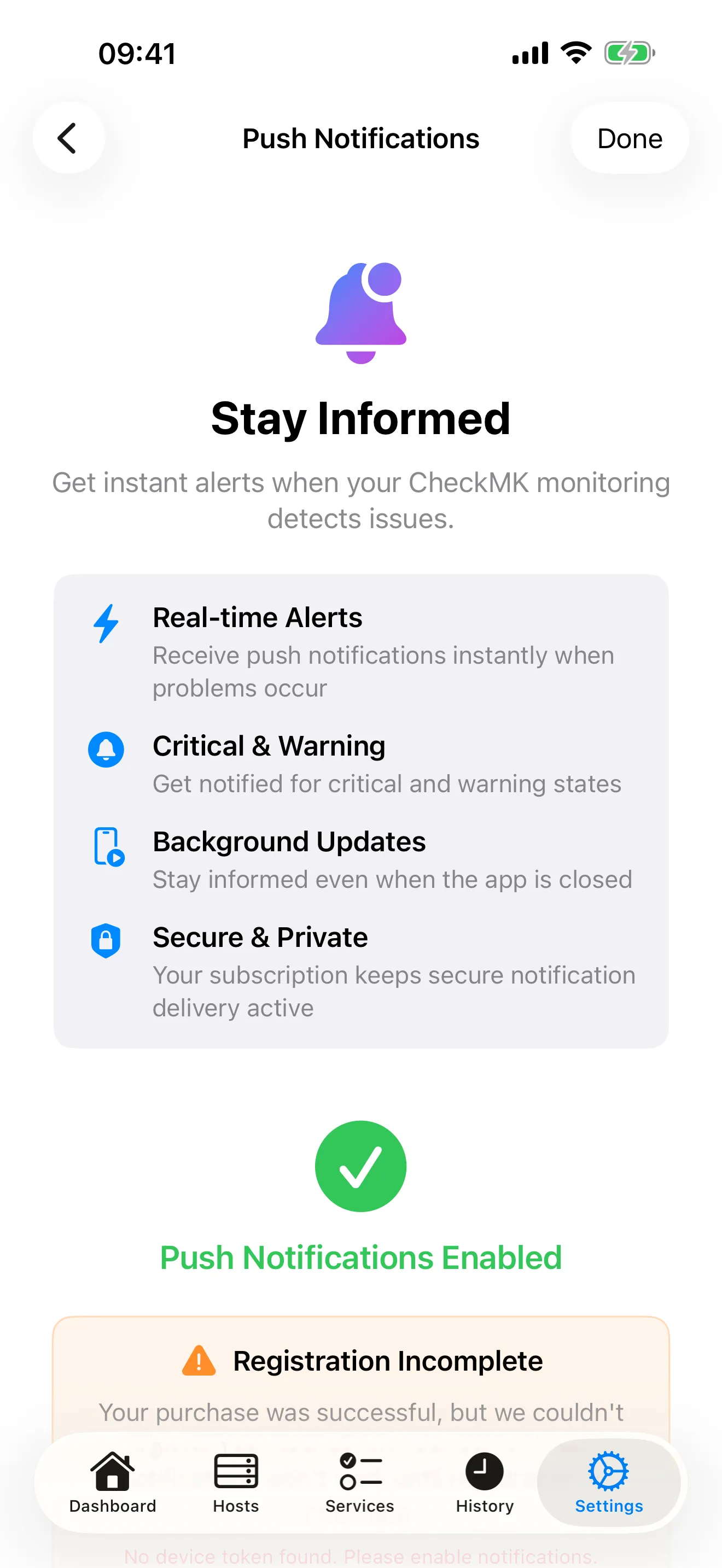 CheckWatch app subscription screen showing push delivery activation