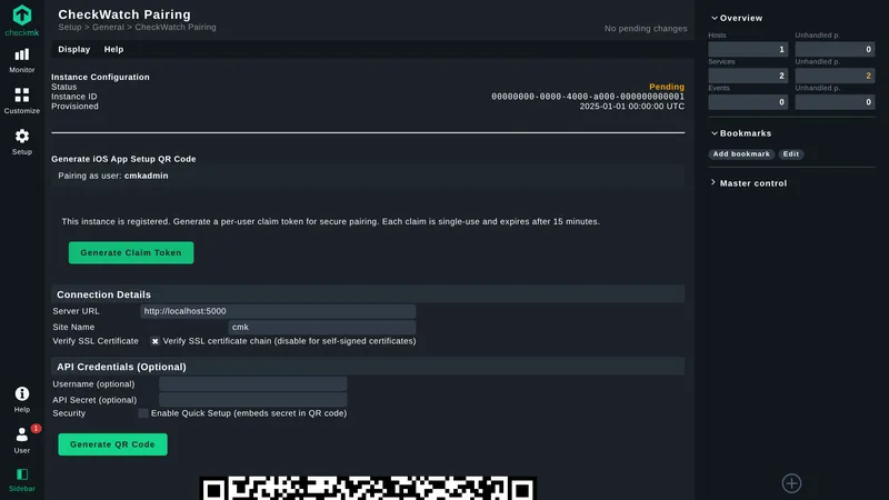 CheckMK plugin settings page displaying a QR code for pairing with the CheckWatch app
